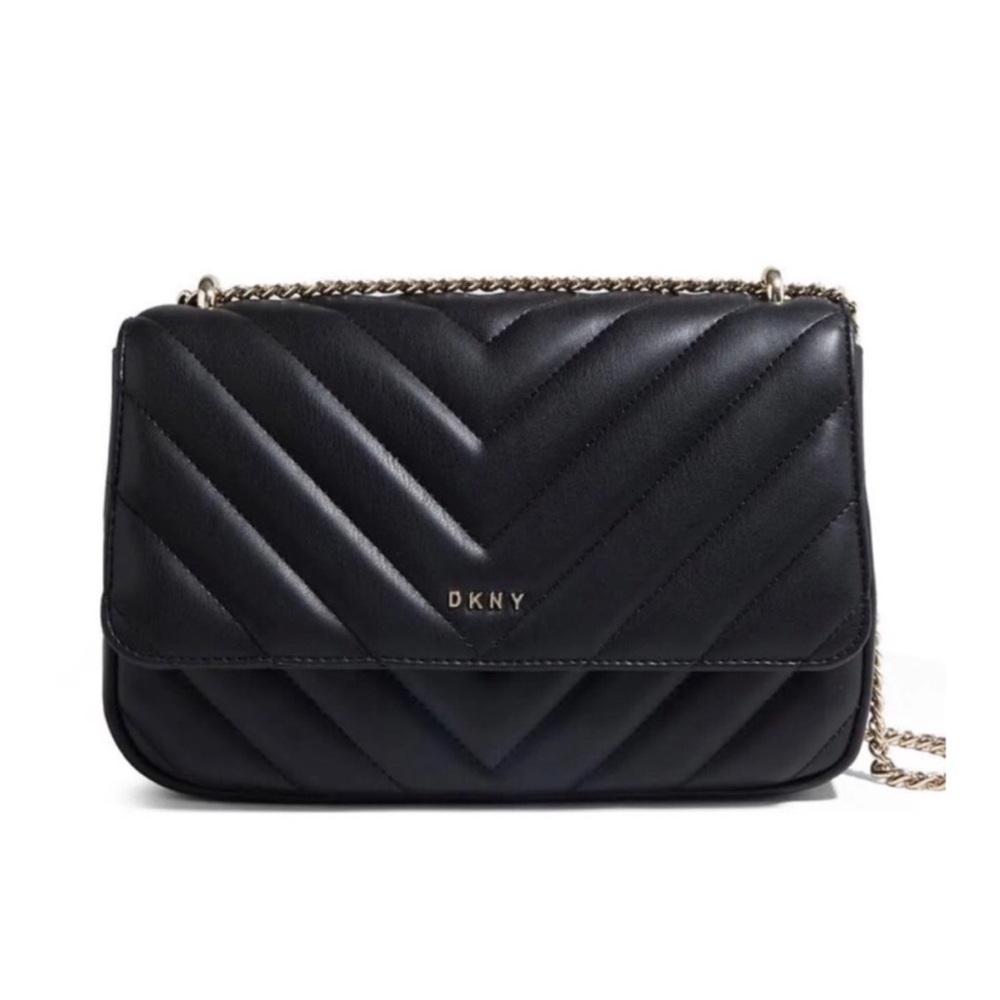 DKNY Black Quilted Crossbody Bag with Silver Chain
